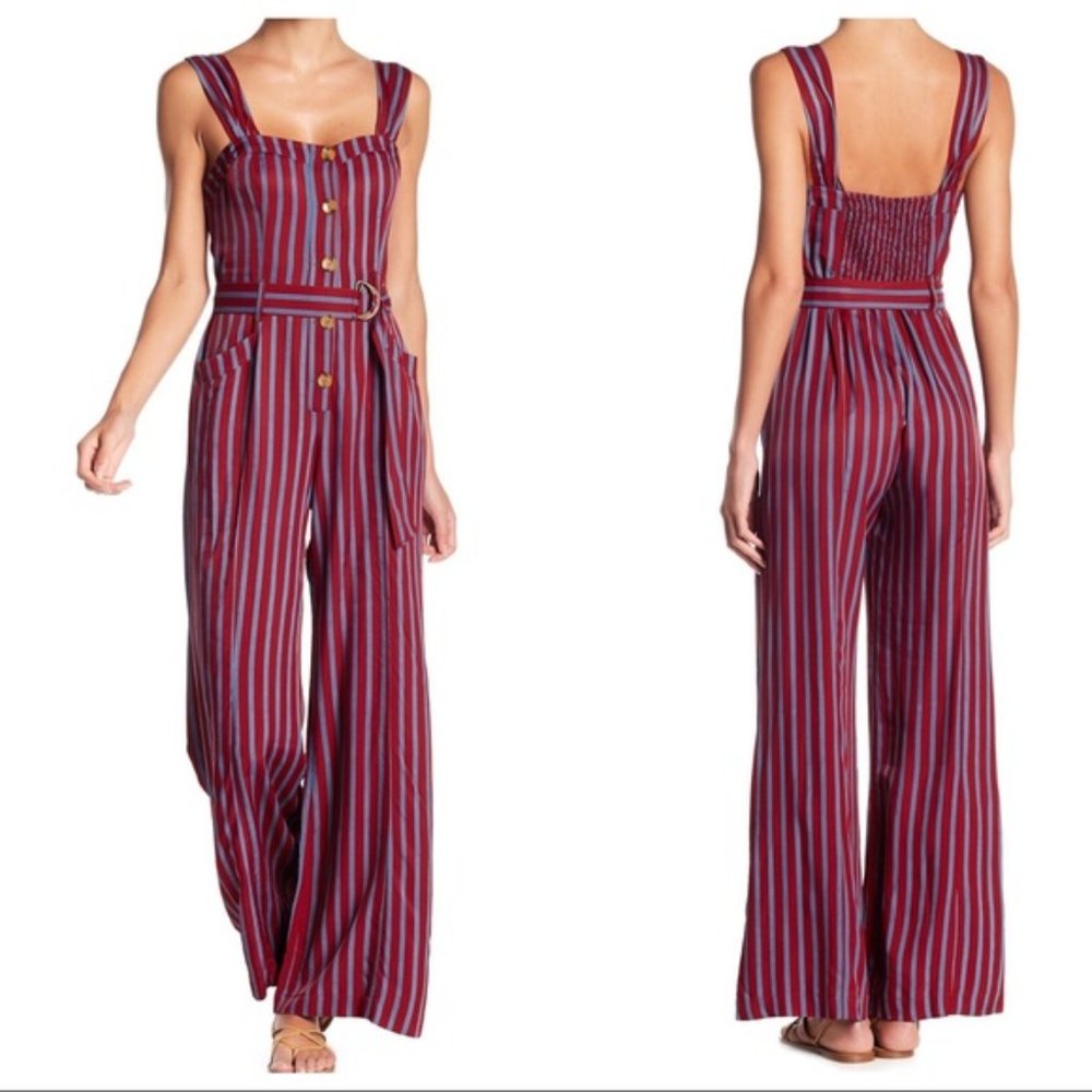 EUC Free People City Girl Jumpsuit Red Blue Stripe Size 0